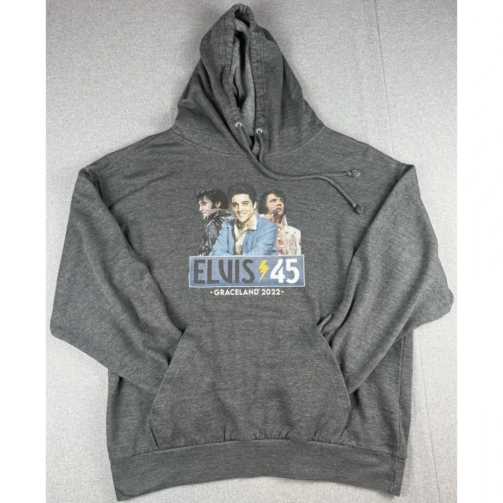 Elvis Presley Graceland 2022 Elvis 45 Hoodie Mens XL Gray Graphic Pullover